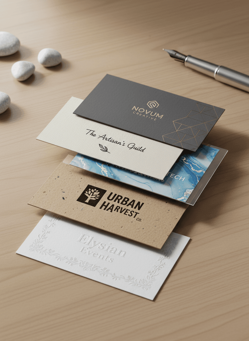 테이블 위에 깔끔하게 펼쳐져 있는 여러 장의 명함 목업 묶음.