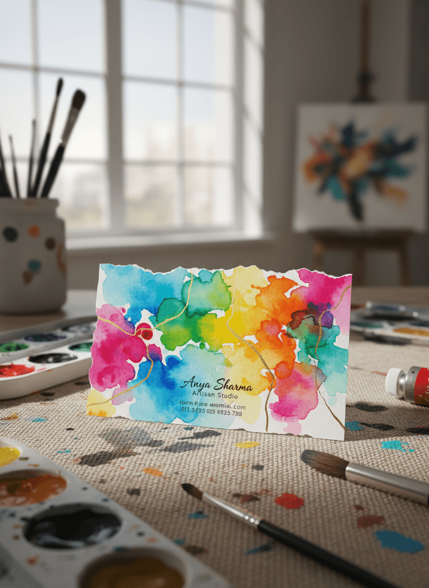 수채화 디자인의 독특한 명함이 캔버스 위에 놓여 있는 예술적인 명함 목업.