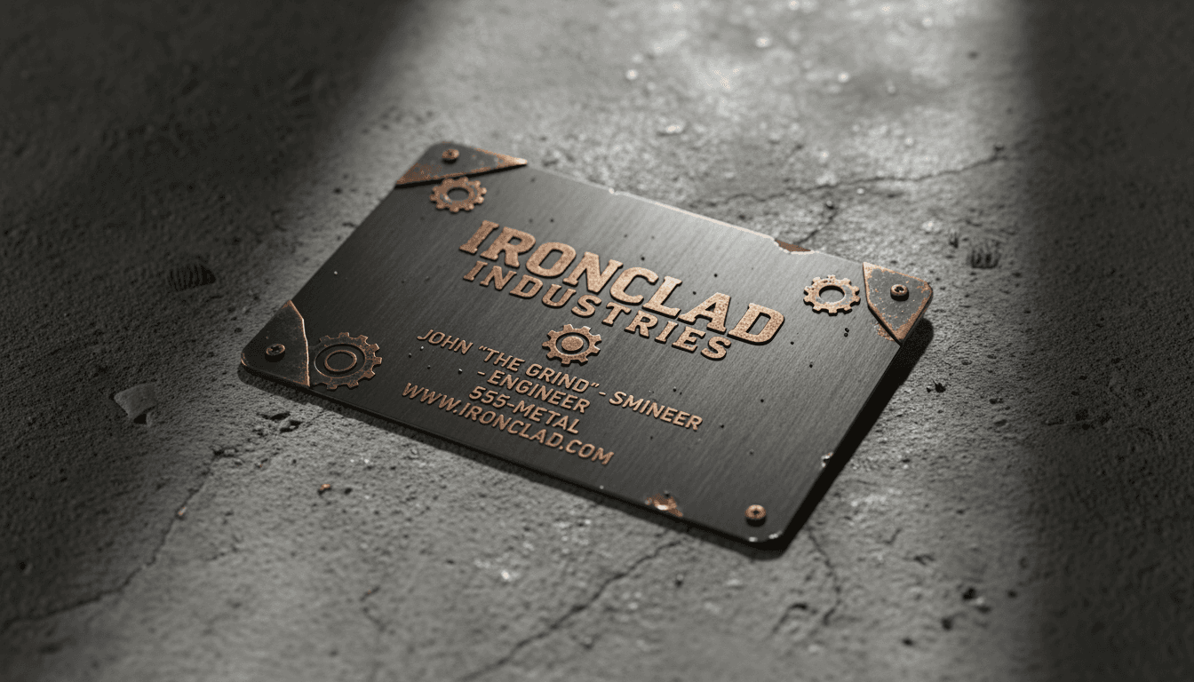 거친 콘크리트 슬라브 위에 놓인 금속 마감 명함의 산업적인 명함 목업.