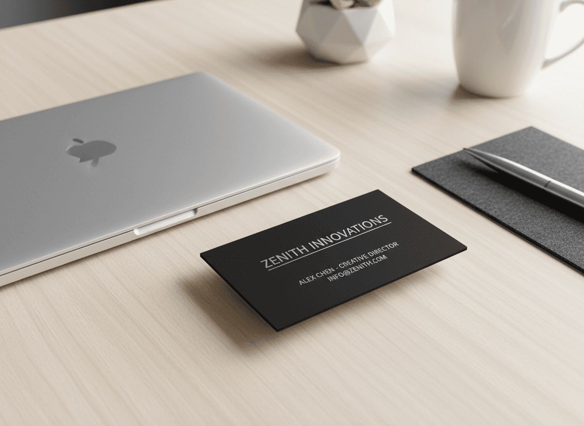 깔끔한 사무실 책상 위, 노트북과 펜 옆에 놓인 명함 목업.