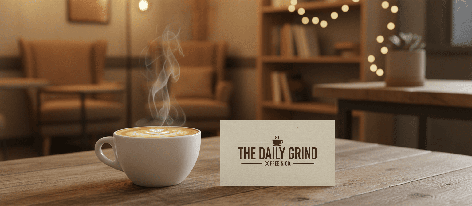 따뜻한 분위기의 카페 테이블 위, 라떼 아트 커피 옆에 놓인 명함 목업.