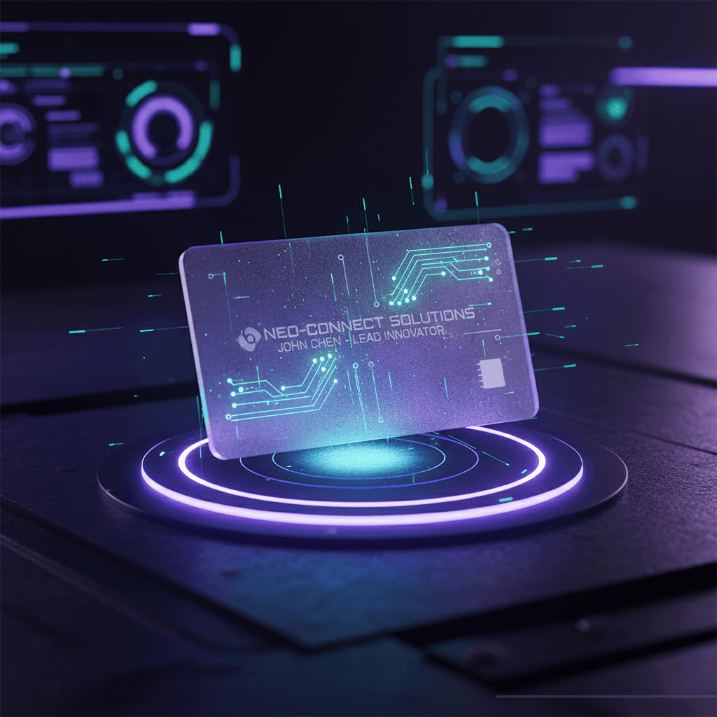 회로 기판 디자인 요소가 있는 기술적 명함 목업, 빛나는 LED 패드 위, 미래지향적.