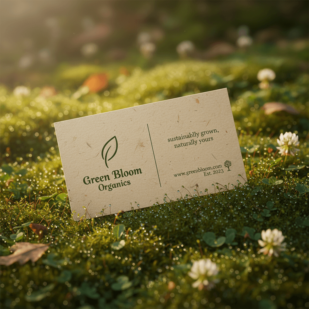 이슬 맺힌 신선한 초록 이끼 위에 놓인 자연에서 영감을 받은 명함 목업.
