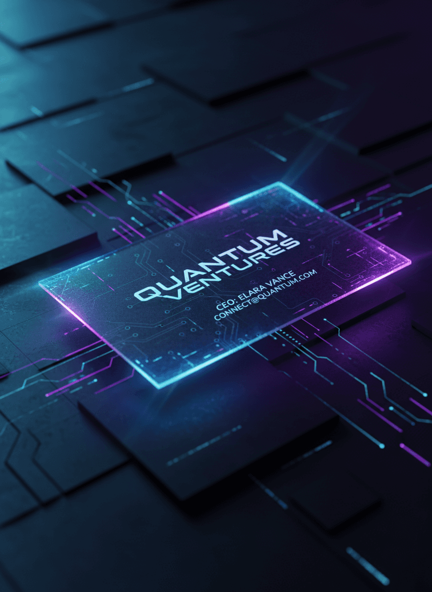 어두운 첨단 기술 표면 위에 디지털 빛으로 윤곽이 강조된 미래지향적인 명함 목업.