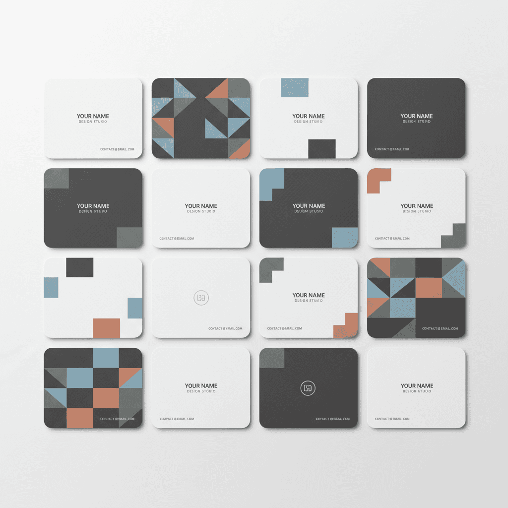 깔끔한 흰색 배경에 그리드 패턴으로 정렬된 사각형 명함 목업 세트.