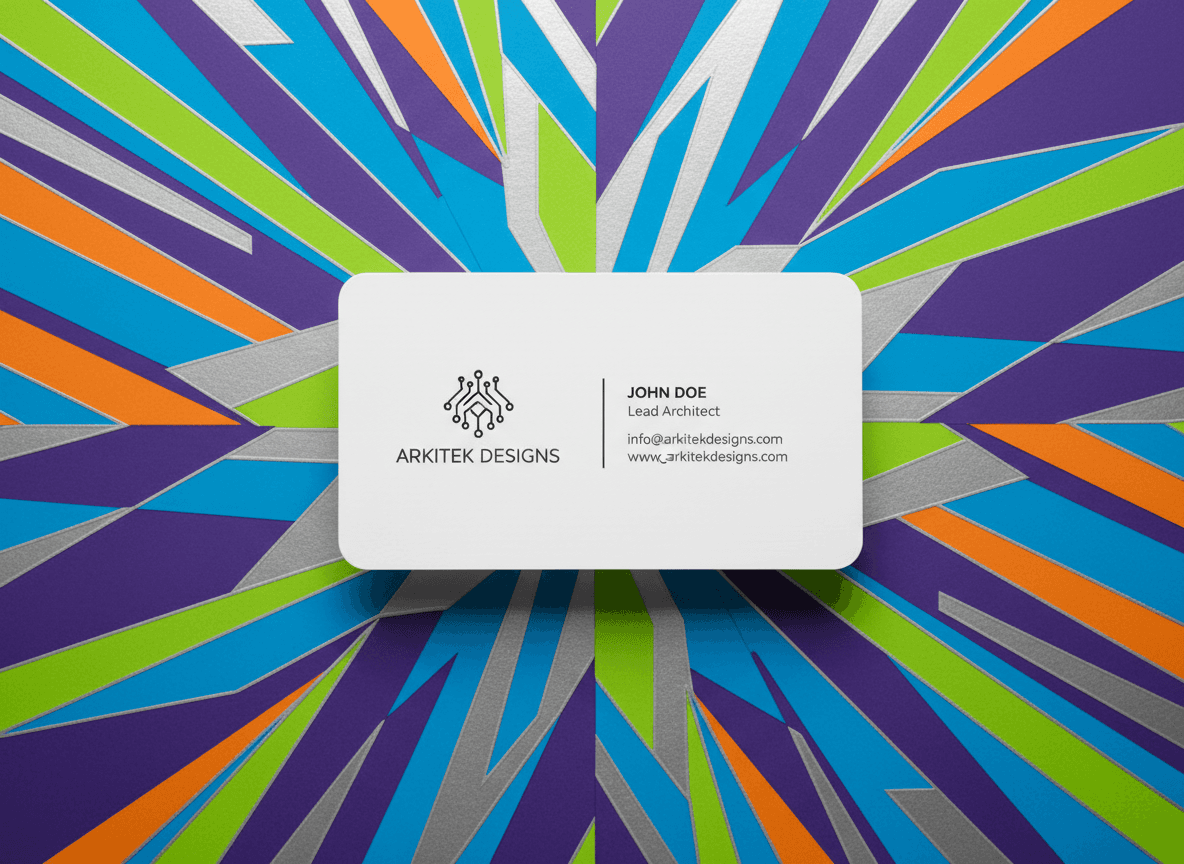 활기찬 현대적 기하학 패턴 배경 위에 정확히 놓인 명함 목업.