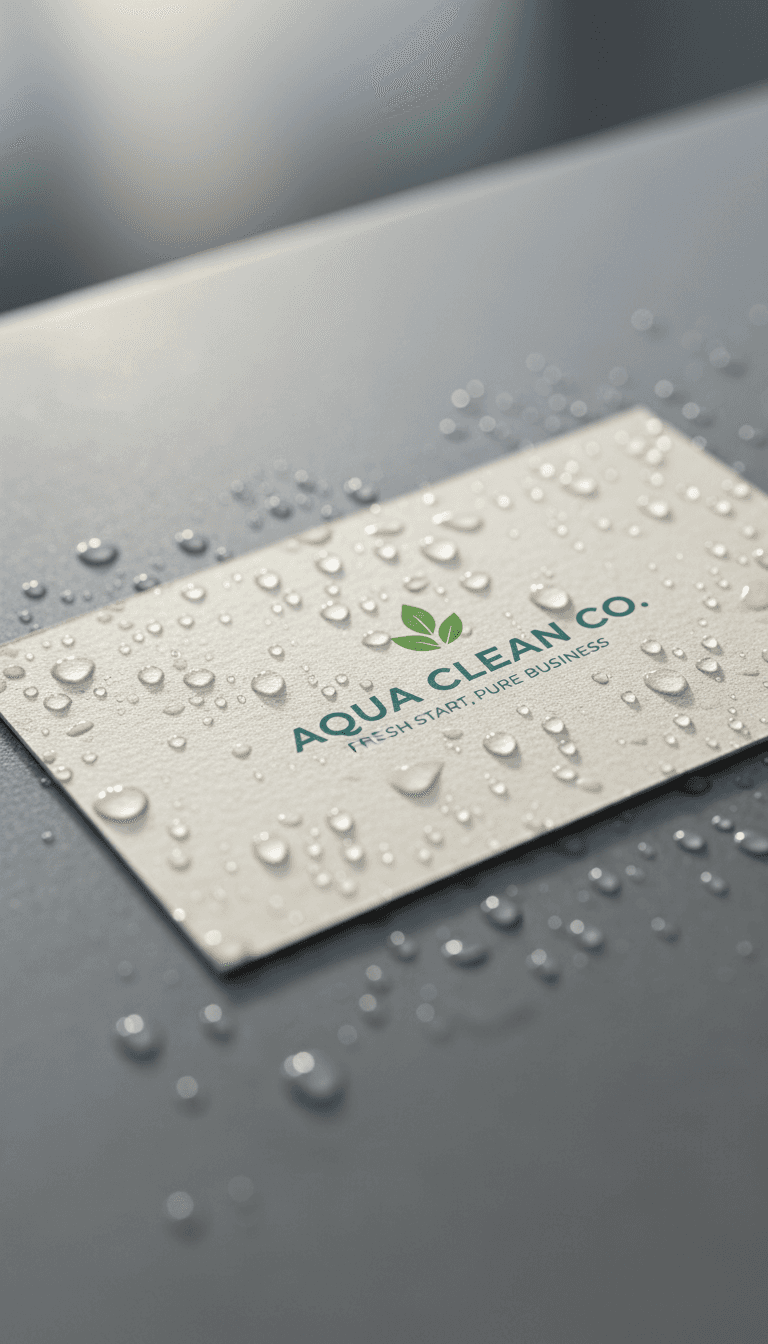 표면에 섬세한 물방울이 맺힌 명함 목업, 신선하고 깨끗한 느낌.