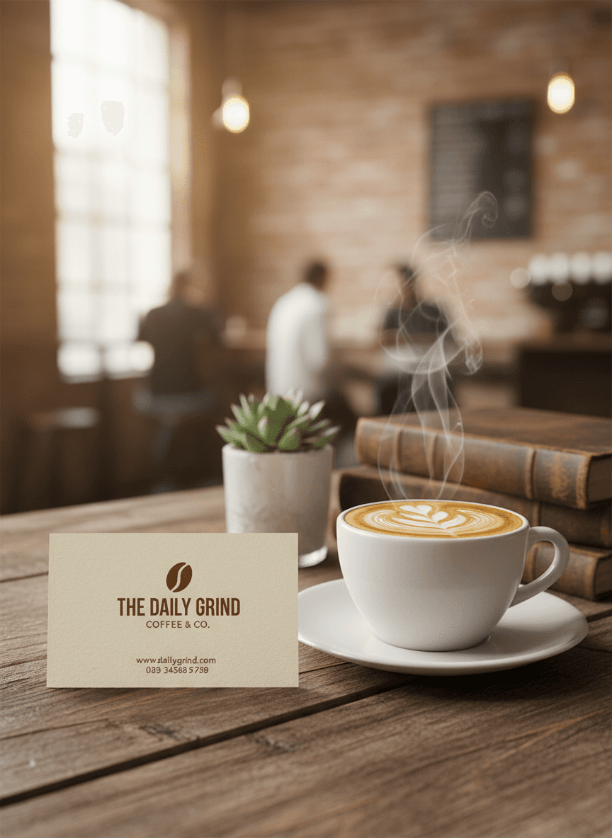 따뜻한 커피숍 배경에 라떼 옆 나무 테이블에 놓인 명함 목업.