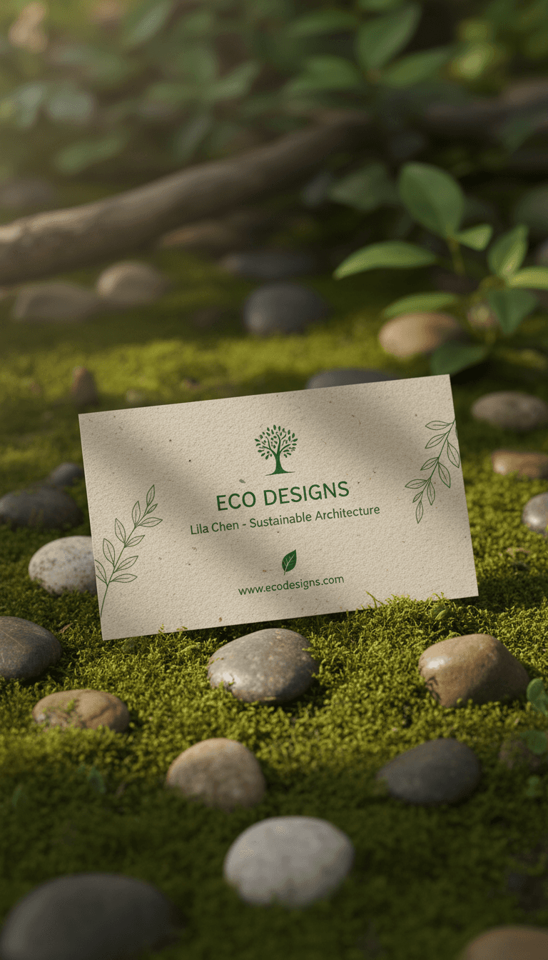 무성한 이끼와 작은 자갈 사이에 놓인 친환경 명함의 자연 친화적인 명함 목업.