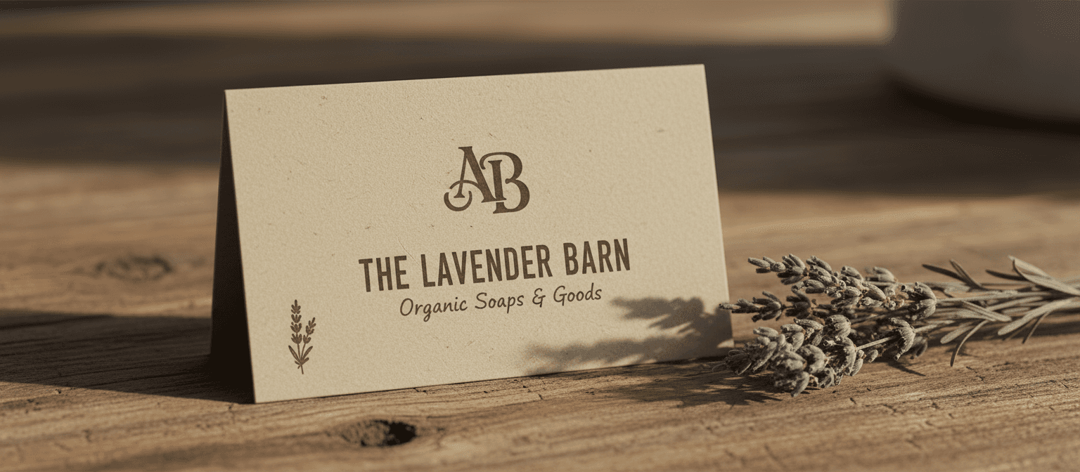 편지지로 인쇄된 소박한 크라프트지 명함이 말린 라벤더와 함께 낡은 나무 위에 놓인 목업.