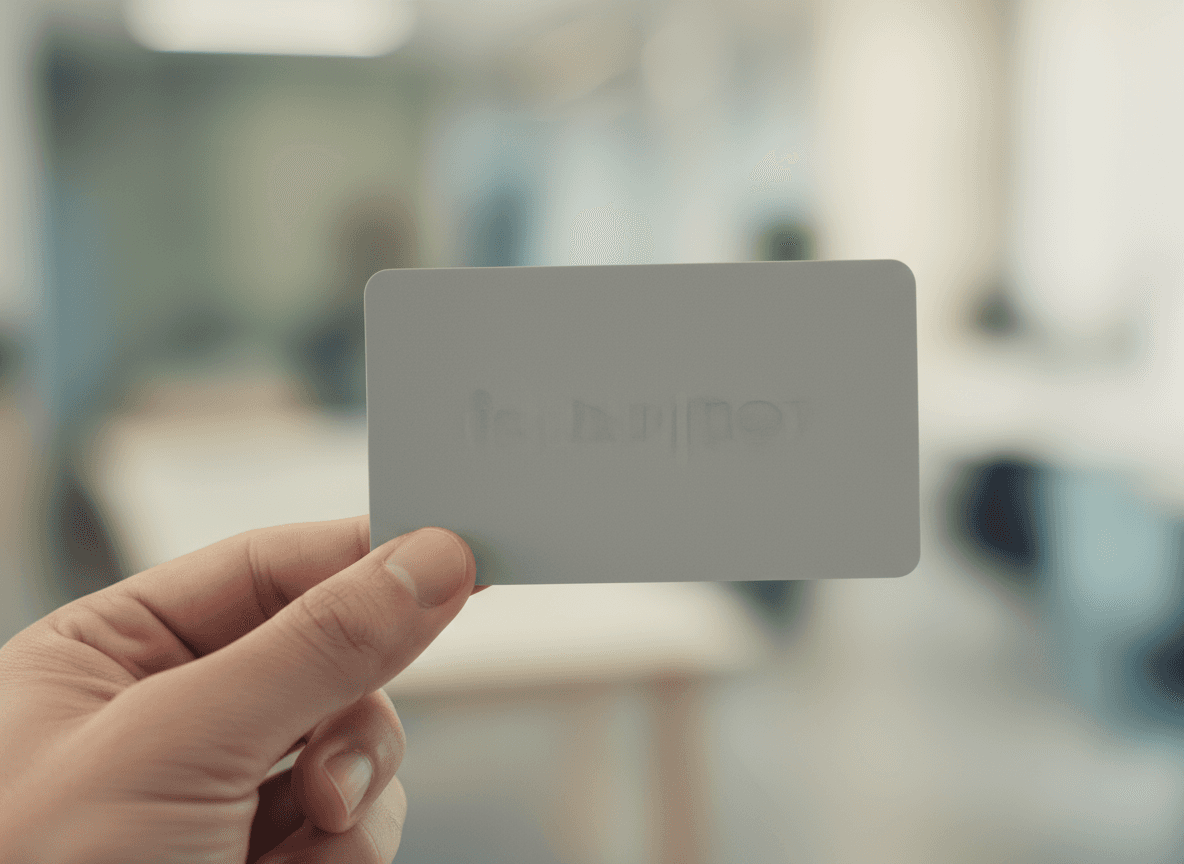 무광 마감 처리된 둥근 모서리 명함 목업을 두 손가락으로 부드럽게 잡고 있음.