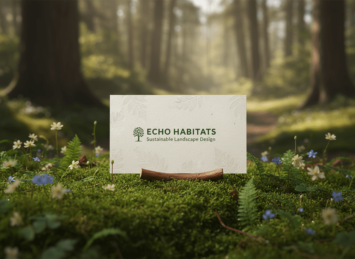 햇살이 비추는 고요한 숲 속, 초록 이끼 위에 놓인 명함 목업.