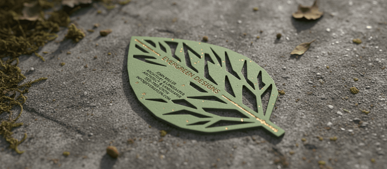 복잡한 디자인을 강조하기 위해 질감 있는 표면에 전시된 맞춤형 모양의 독특한 다이컷 명함 목업.