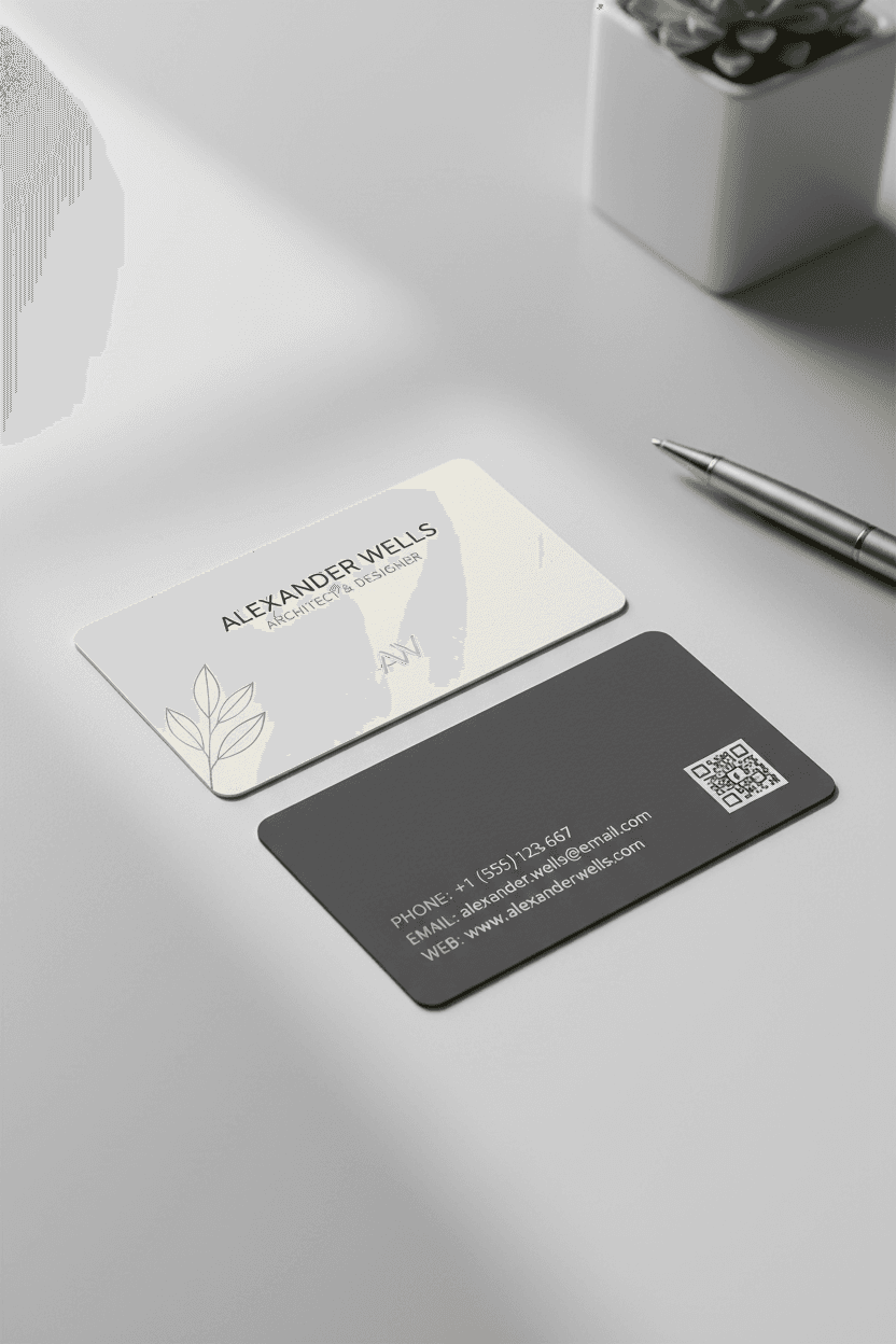 깔끔한 연회색 책상 위에 놓인 전문적인 명함 목업.