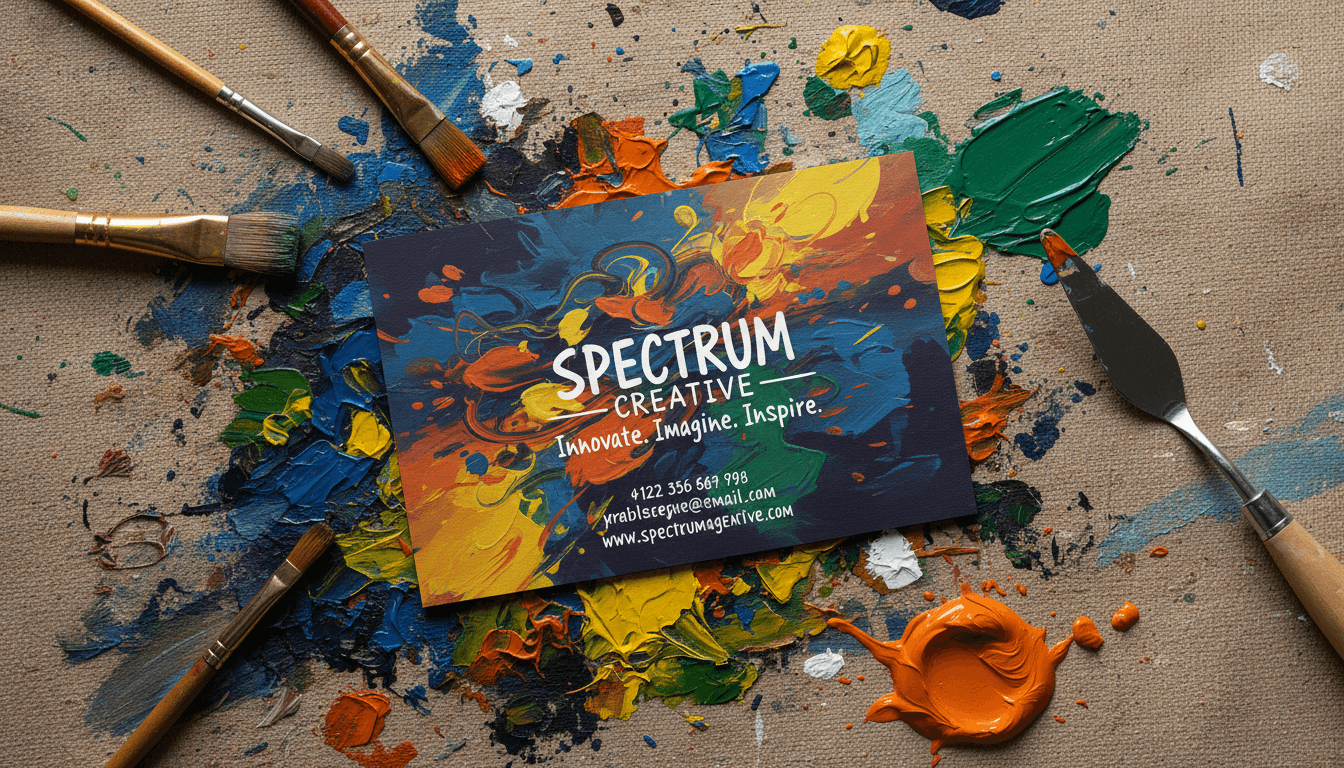 대담한 그래픽의 창의적인 에이전시 명함 목업, 붓과 물감 자국으로 둘러싸여 있음.