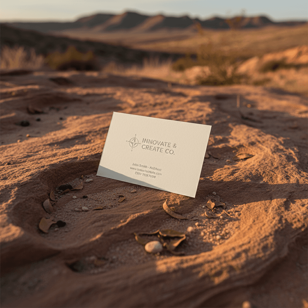 사암 표면에 놓인 명함 목업, 따뜻한 일몰 빛을 받으며 길고 부드러운 그림자.