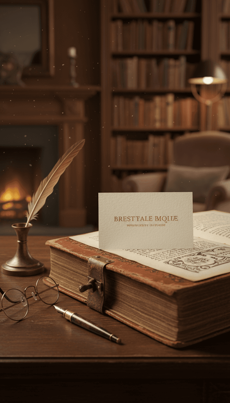 빈티지 가죽 표지 책의 펼쳐진 페이지 위에 놓인 명함 목업, 안경과 펜이 옆에 있음.