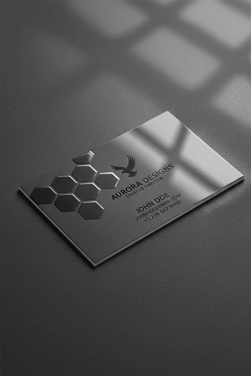 무광택 배경과 대비되는 광택 요소를 보여주는 UV 스팟 바니쉬 명함 목업.