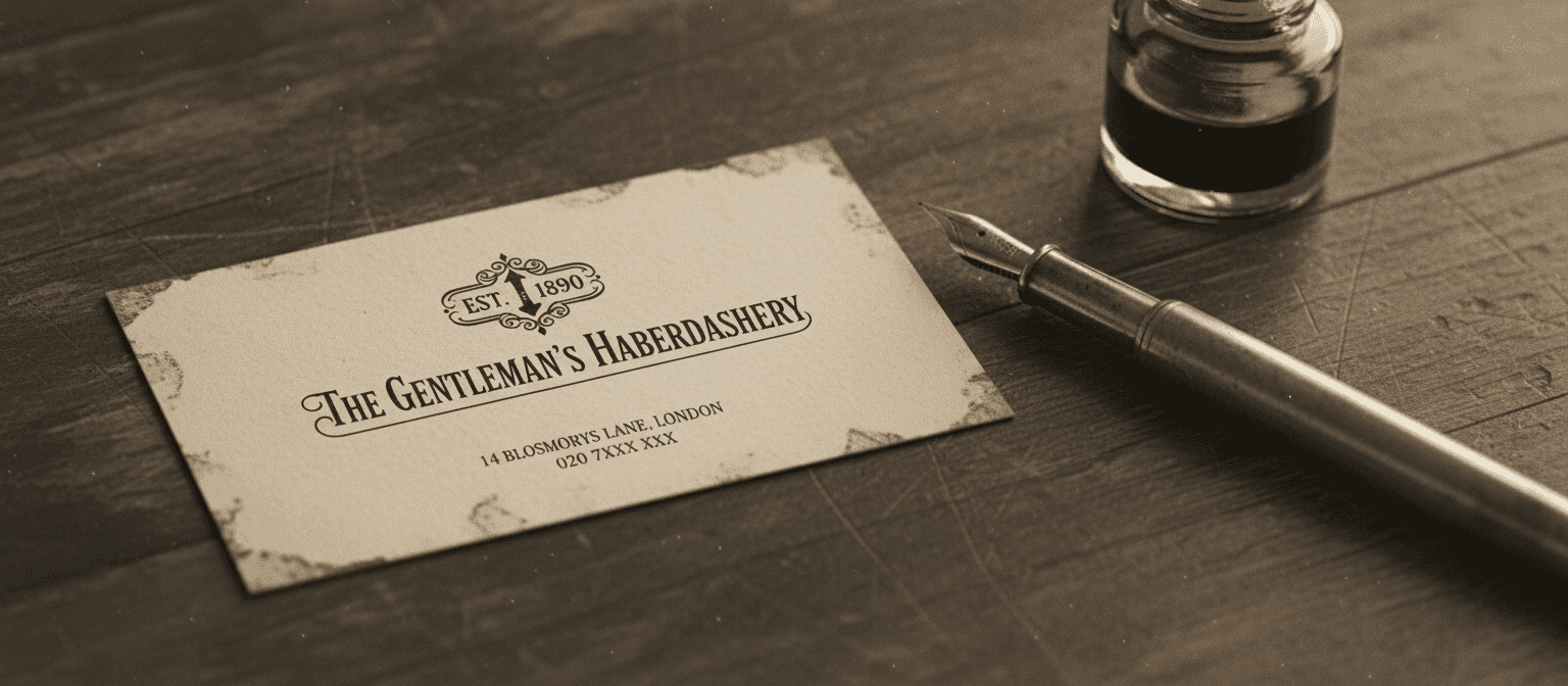 오래된 만년필 옆, 앤티크 나무 표면에 놓인 가장자리가 낡은 빈티지 명함 목업.