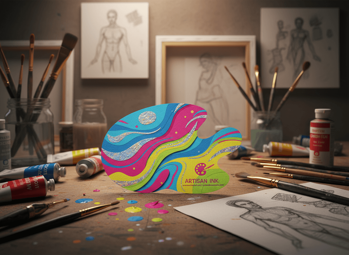 미술 도구와 스케치로 둘러싸인 화가의 작업대에 놓인 창의적인 명함 목업.