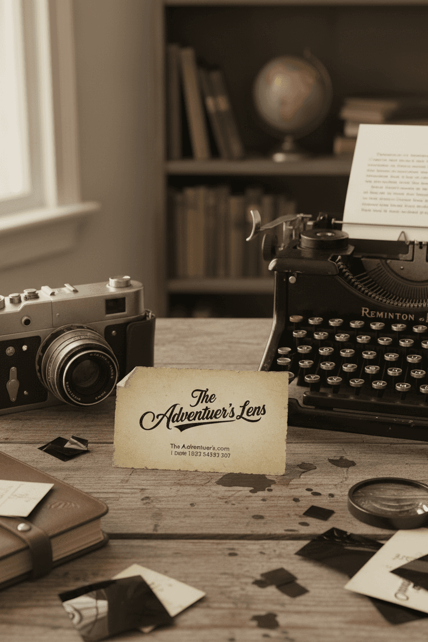 오래된 필름 카메라와 타자기 옆 낡은 나무 책상에 놓인 빛바랜 종이 질감의 복고풍 명함 목업.