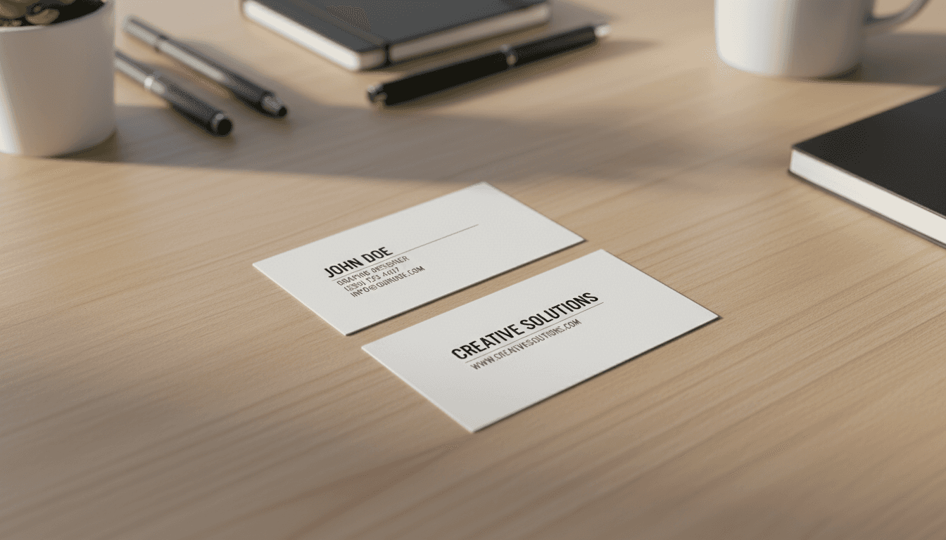 사무용품이 흐릿하게 보이는 나무 책상 위, 살짝 겹쳐진 두 개의 명함 목업.