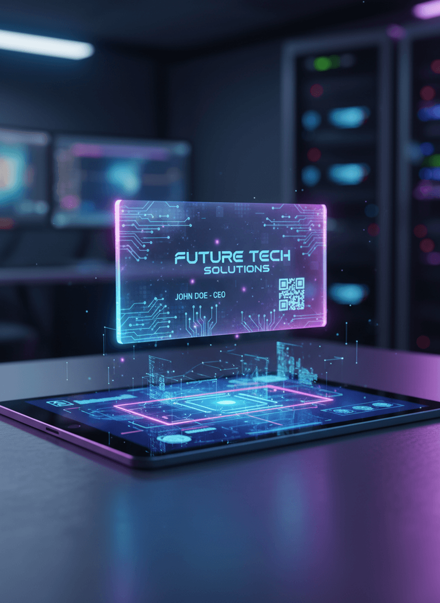 빛나는 투명 명함이 디지털 태블릿 위에 떠 있는 미래지향적인 기술 테마 명함 목업.