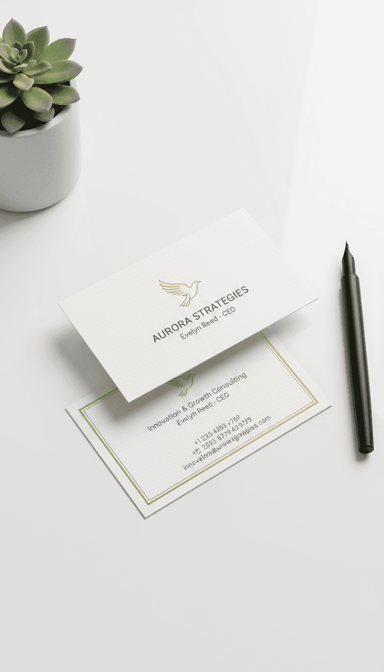 깨끗한 흰색 책상 위에 명함 두 장이 쌓여 있는 전문적인 명함 목업.