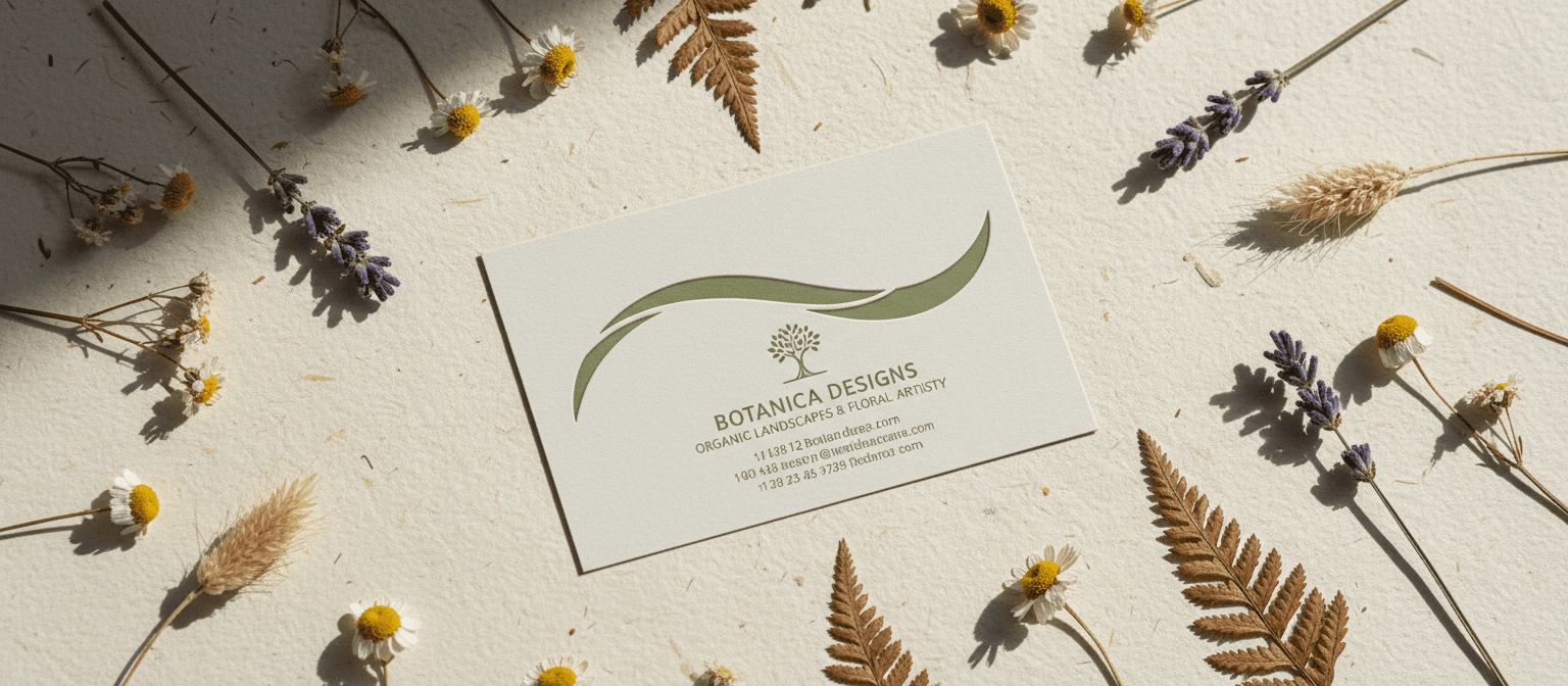 질감 있는 종이 배경 위에 마른 꽃들로 둘러싸인 독특한 다이컷 명함 목업.
