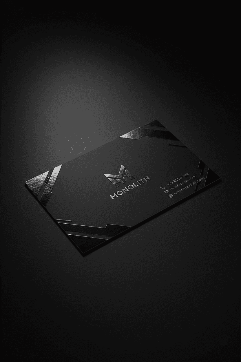 스팟 UV 효과가 있는 검은색 명함이 어두운 배경에서 극적으로 조명된 다크 모드 명함 목업.