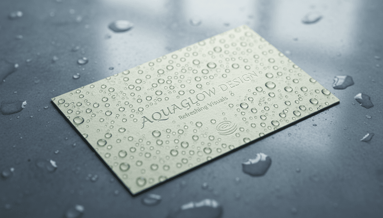 미세한 물방울이 덮여 있고 살짝 젖은 표면에 놓인 명함 목업.