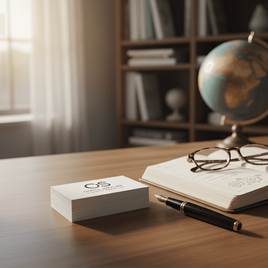 세련된 만년필과 작은 공책, 안경 옆에 가지런히 쌓인 명함이 있는 사무용품 명함 목업.