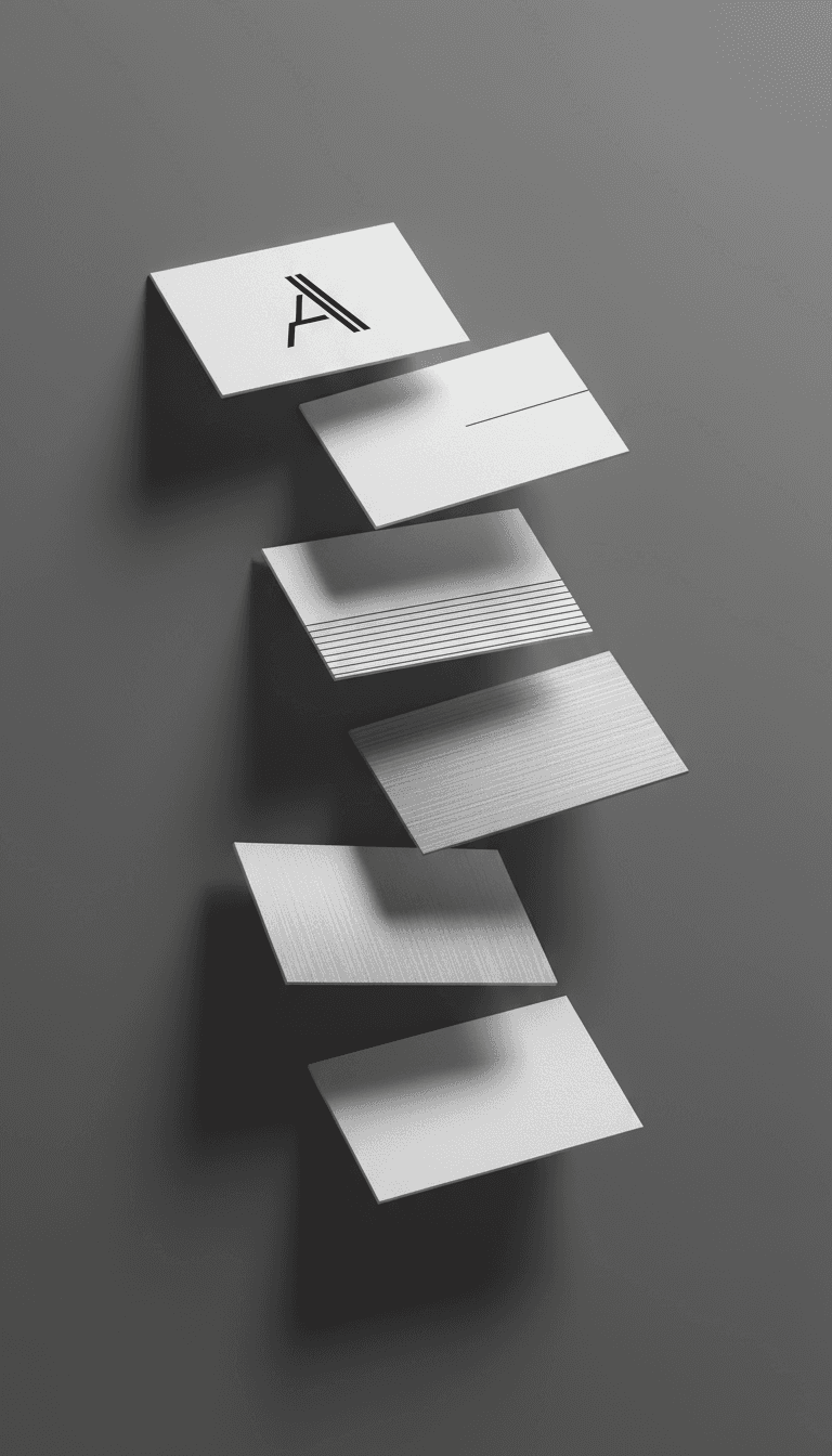 창의적으로 계단식 패턴을 이룬 명함 목업 세트, 단색 배경, 예술적인 구성.
