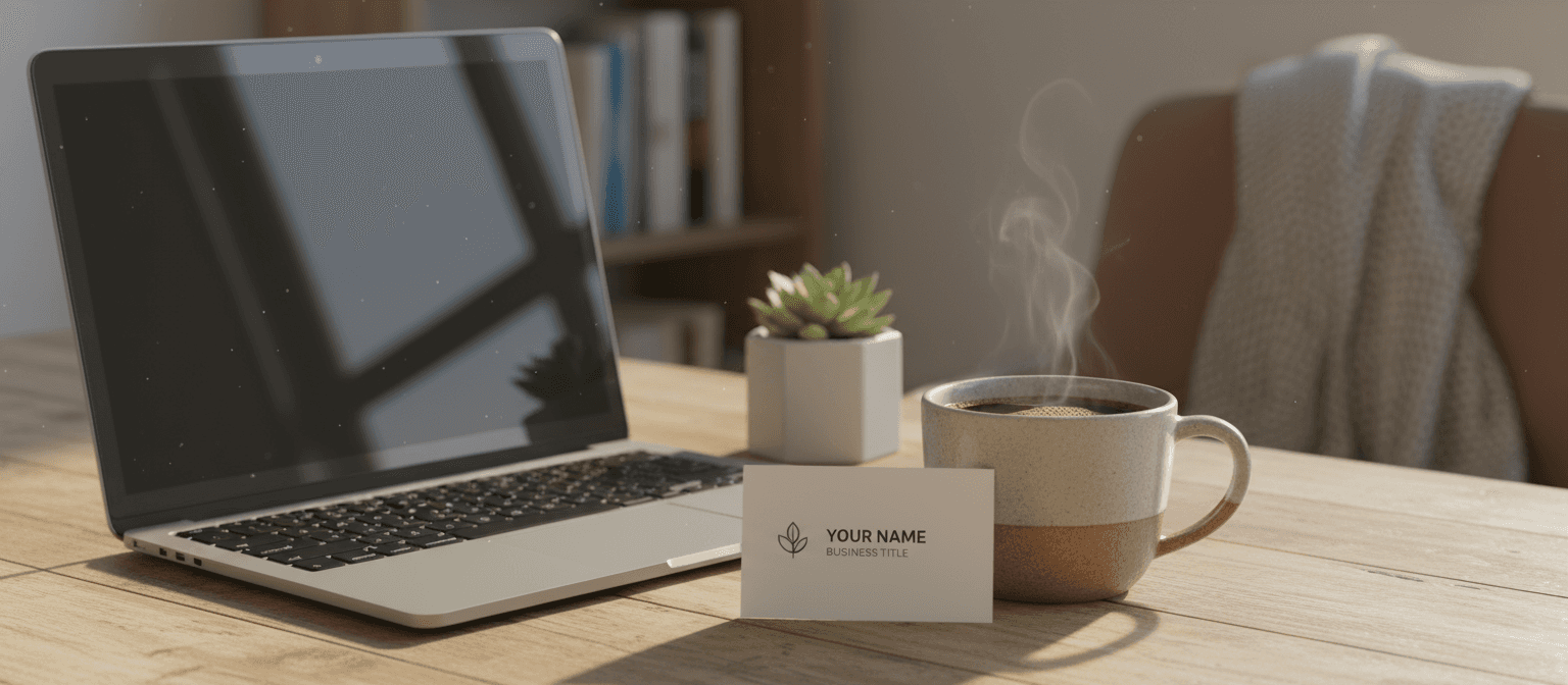 따뜻한 나무 책상 위 커피 한 잔과 노트북, 식물 옆에 명함이 놓인 아늑한 책상 명함 목업.
