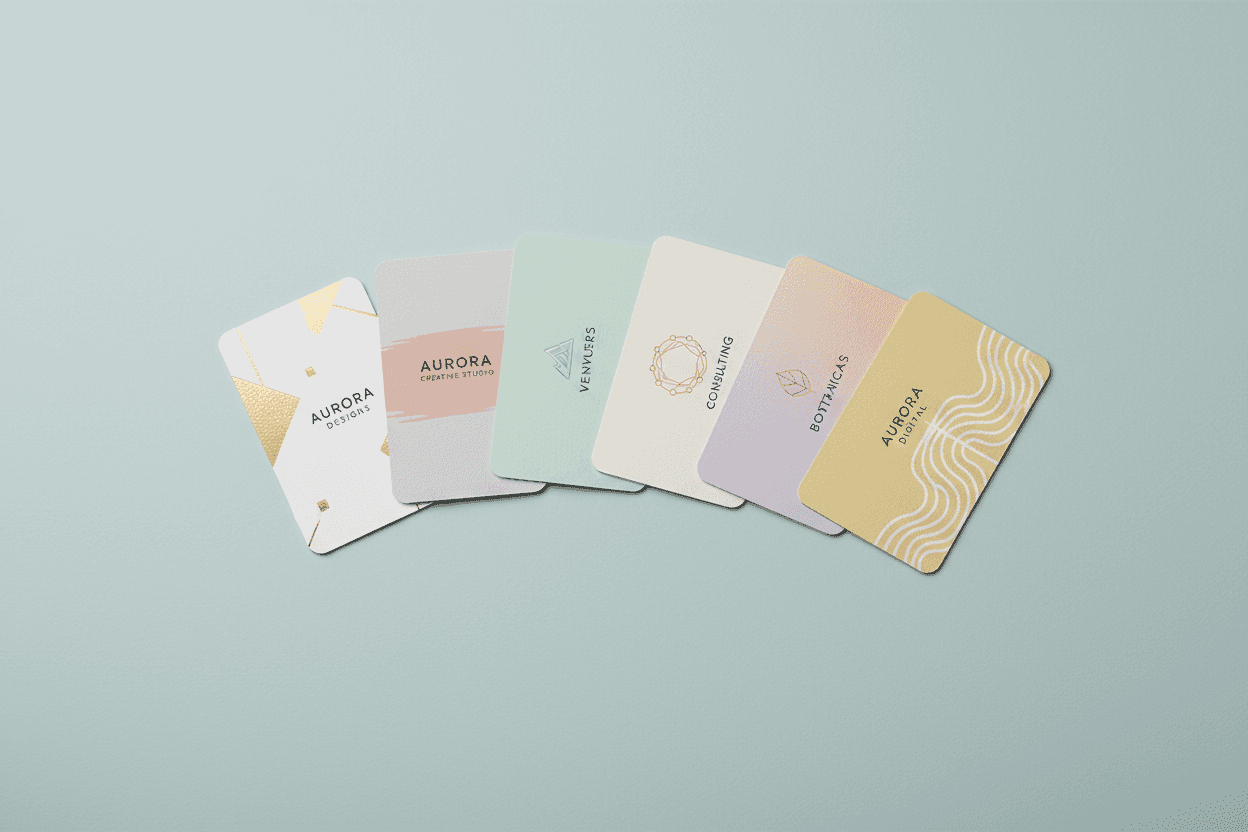 파스텔색 배경에 가지런히 펼쳐진 여러 개의 조화로운 디자인의 명함 목업.
