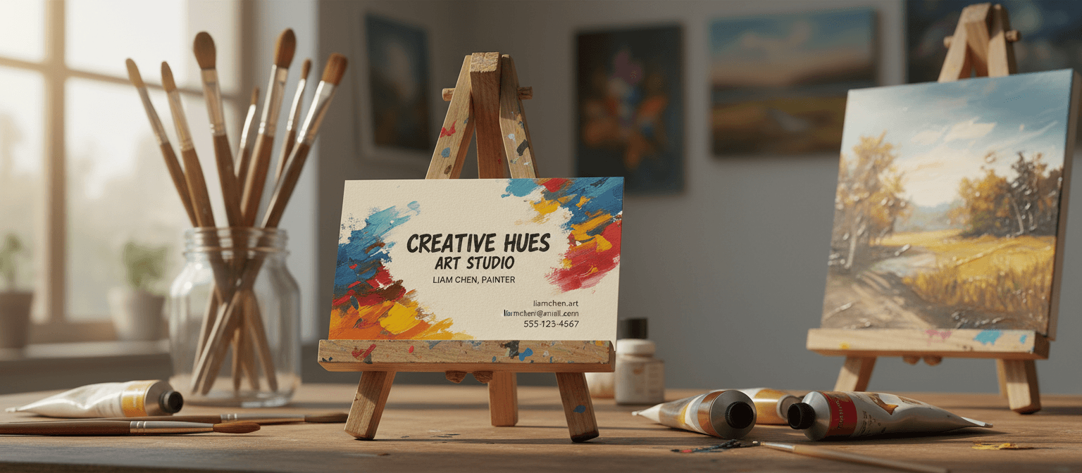 붓과 물감, 캔버스 사이에 놓인 화가의 명함, 미술 스튜디오 배경의 명함 목업.