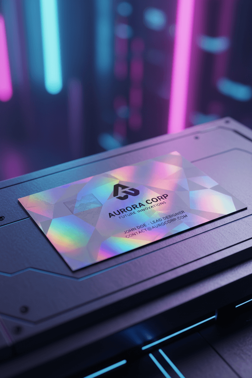 홀로그래픽 액센트가 있는 명함 목업, 금속 표면에 놓여있고 배경에 흐릿한 네온 조명.