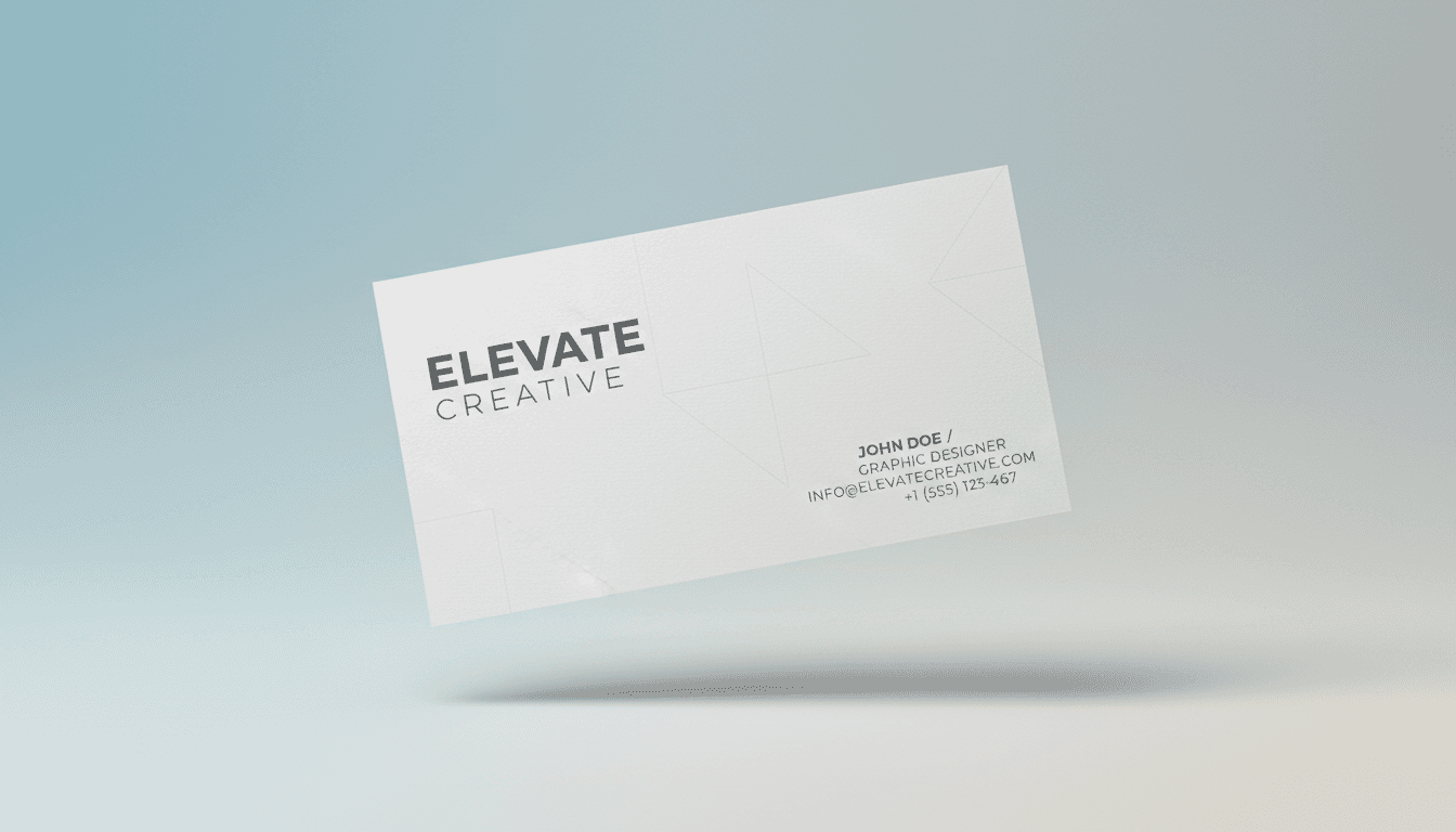 공중에 우아하게 떠 있는 명함 목업이 부드러운 그림자를 드리우고 있다.