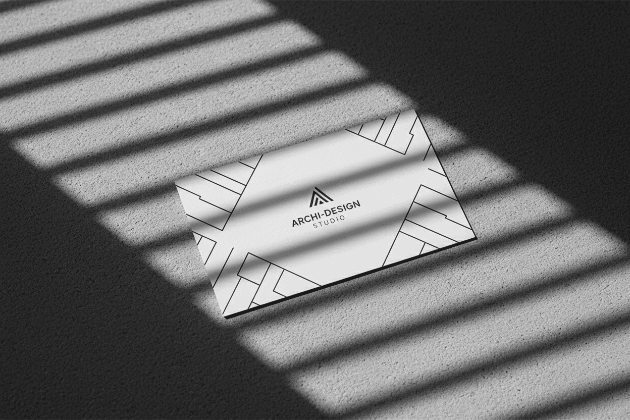 창문 블라인드에 의해 드리워진 극적인 기하학적 그림자가 있는 명함 목업.