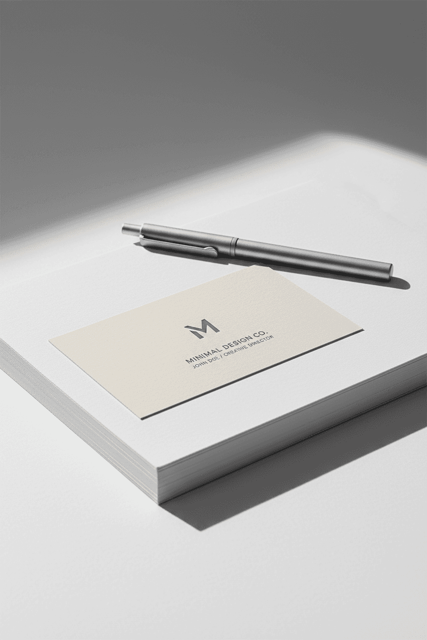 새하얀 종이 더미 위에 놓인 미니멀한 명함 목업과 사선으로 놓인 세련된 펜.