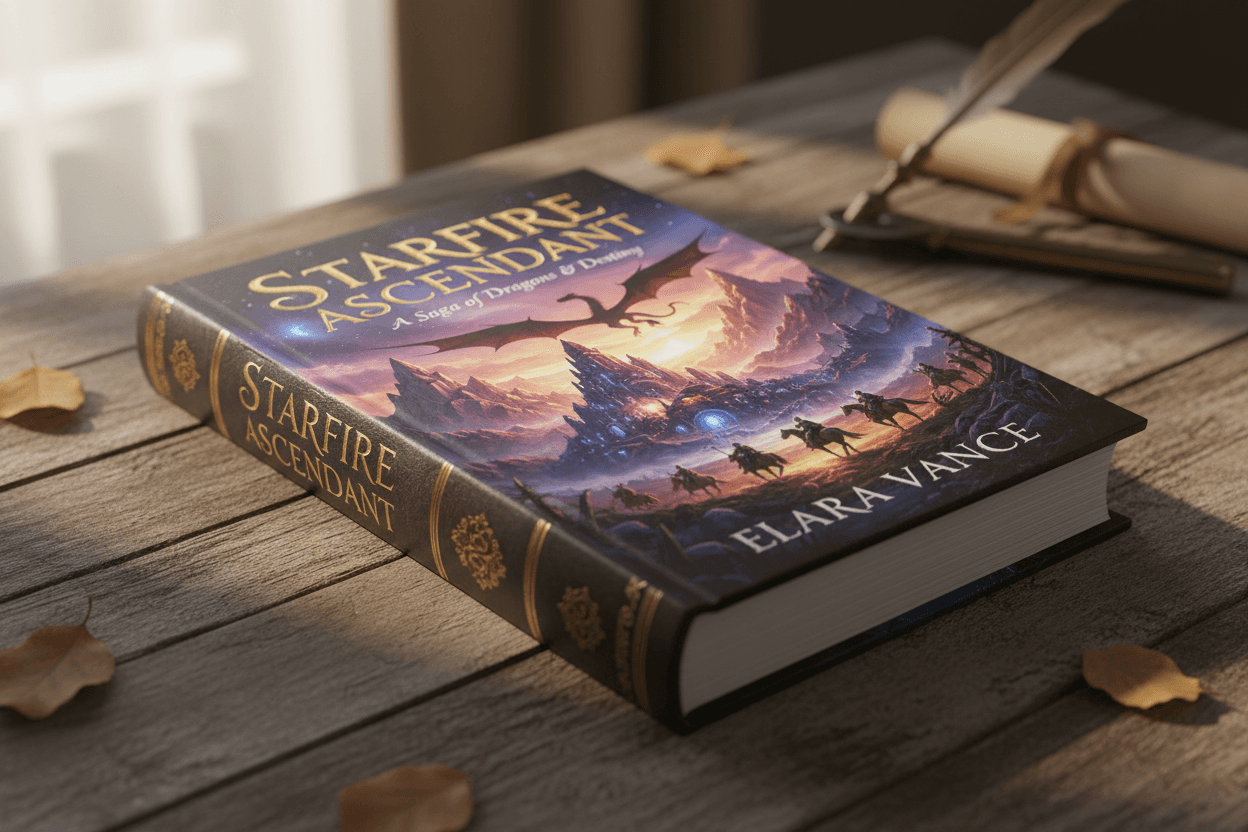 독창적이고 눈길을 끄는 판타지 소설 표지 디자인이 있는 닫힌 양장본 책의 실사 목업입니다. 낡은 나무 테이블 위에 놓여 있습니다.