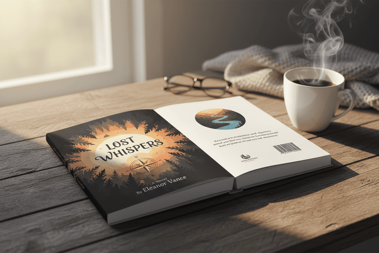 소박한 테이블 위의 커피잔과 책 표지 목업