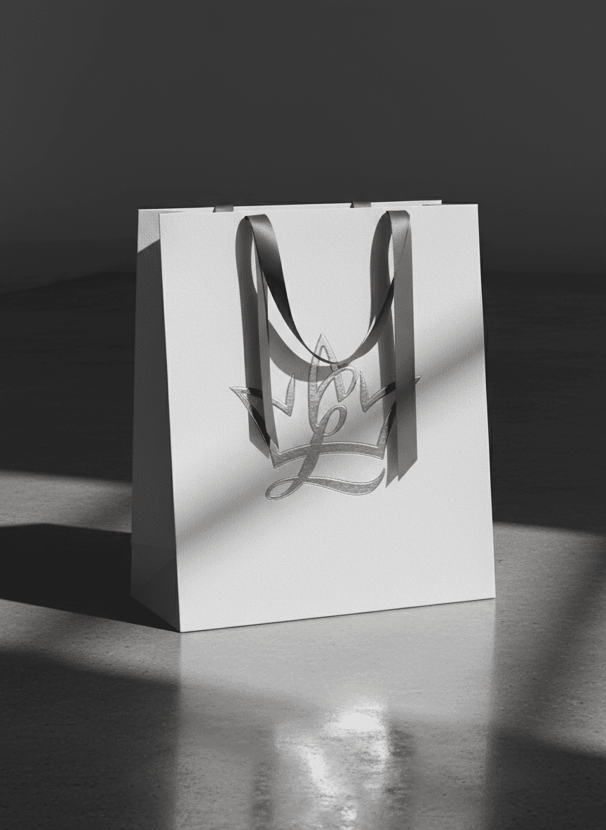 양각 은박 로고와 새틴 손잡이가 있는 고급 종이 쇼핑백 목업이 광택 있는 콘크리트 바닥에 서 있는 모습입니다.