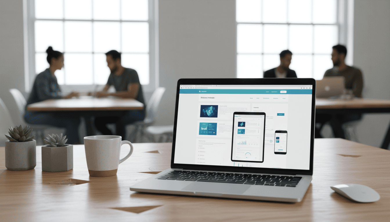 세련된 사무실 책상 위 최신 얇은 베젤 노트북에 표시된 반응형 웹 디자인 목업, 배경에는 흐릿하게 일하는 사람들이 보인다, 밝고 시원한 분위기.