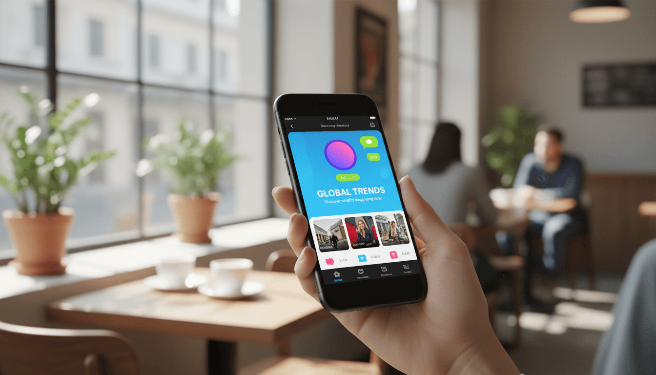 카페 배경에서 여성의 손에 들려있는, 소셜 미디어 앱 인터페이스가 보이는 현대적인 검은색 스마트폰의 실사 목업 이미지입니다.