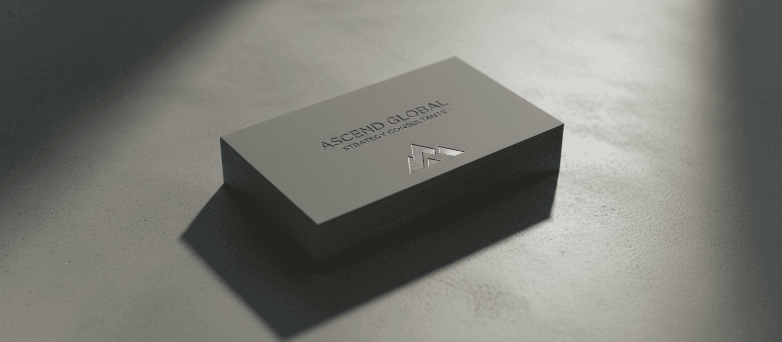 양각 활자체와 메탈릭 로고가 새겨진 현대적인 명함 더미가 콘크리트 표면에 놓여 있는 고각도 샷입니다.