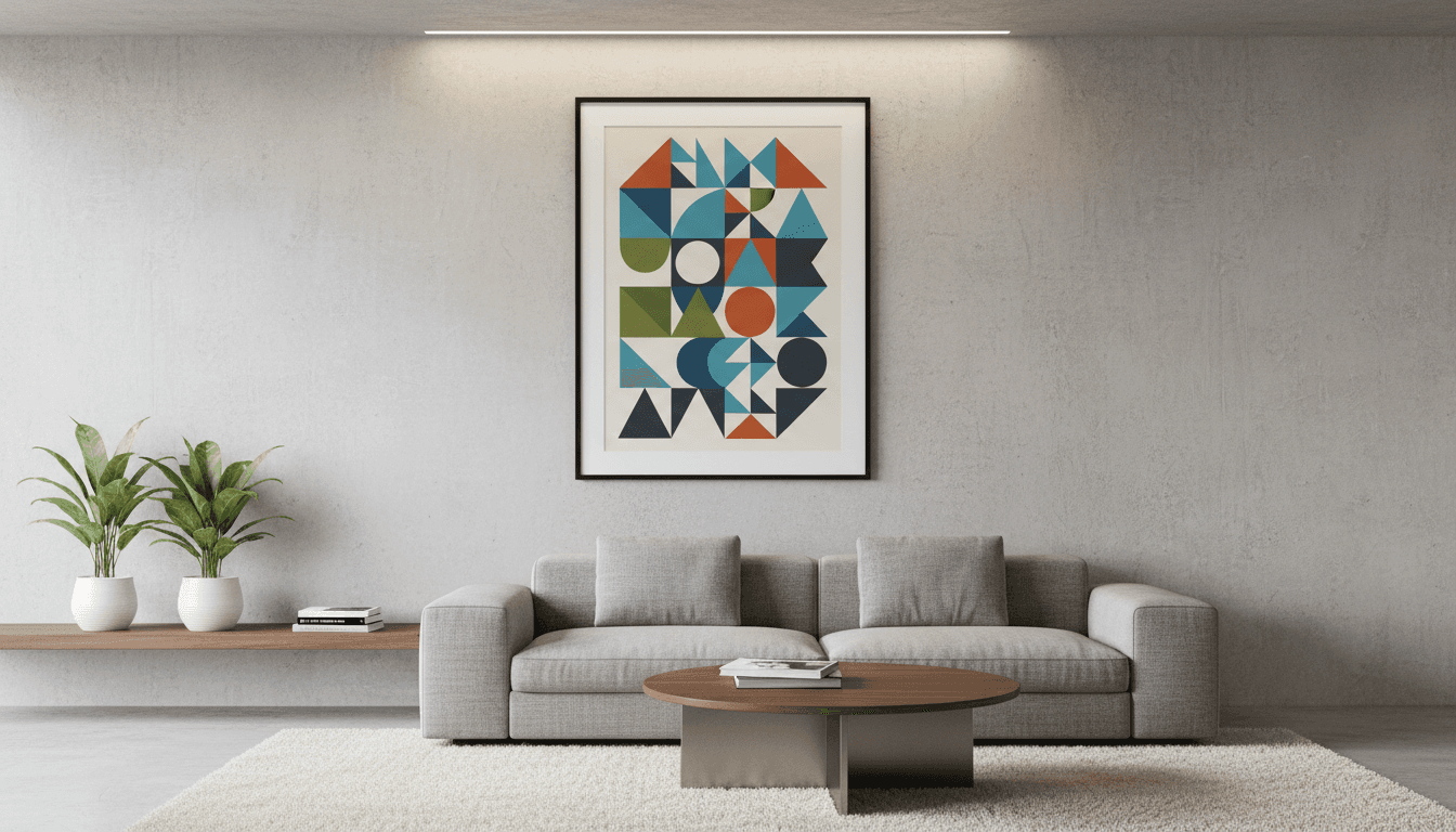 모던한 거실의 밝은 회색 콘크리트 벽에 추상적인 기하학적 디자인의 액자 포스터가 걸려 있는 실내 벽 아트 목업입니다.