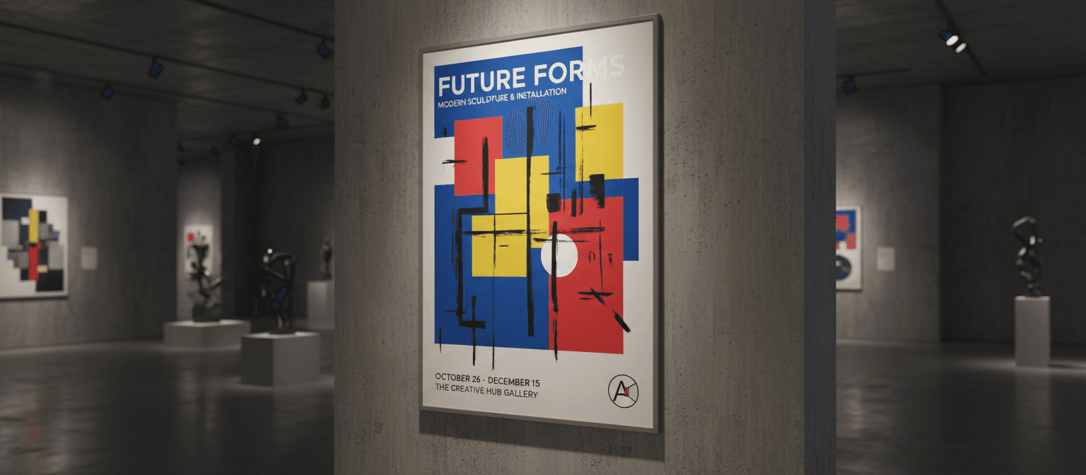 현대 갤러리 공간의 질감 있는 콘크리트 벽에 설치된 현대 미술 전시 포스터 목업, A1 크기, 은은한 스포트라이트, 약간 비스듬한 각도에서 바라본 모습.