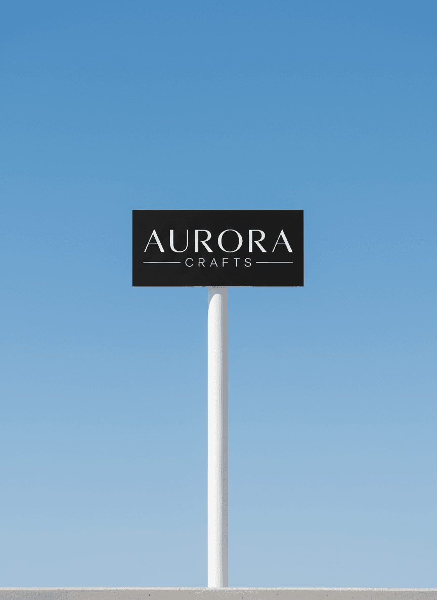 깨끗한 흰색 기둥에 장착된 검은색 직사각형 표지판에 작은 사업체의 흰색 로고타입이 표시된 미니멀한 길거리 표지판 목업입니다.