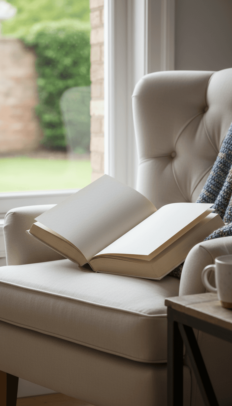 독서 의자에 놓인 펼쳐진 하드커버 책 목업.
